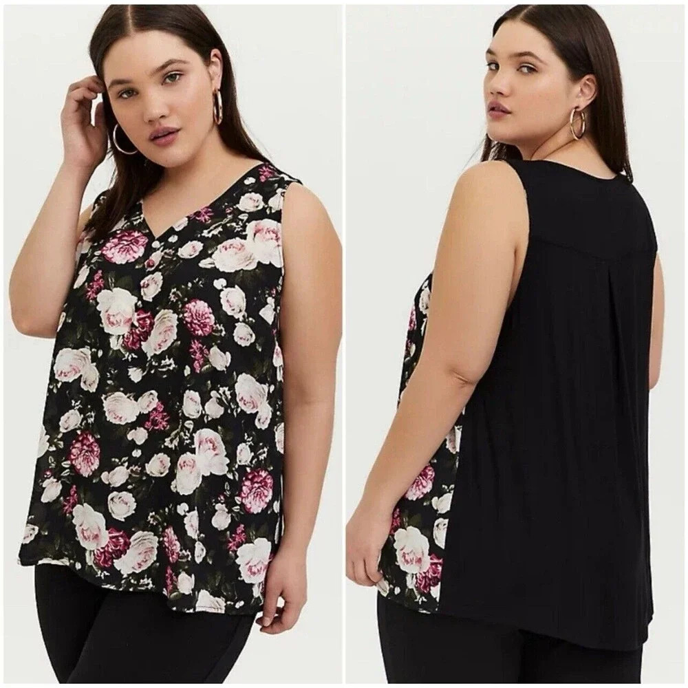 Torrid Black‎ Georgette Doble Layer Swing Tank Floral Print Plus Size 00 Casual